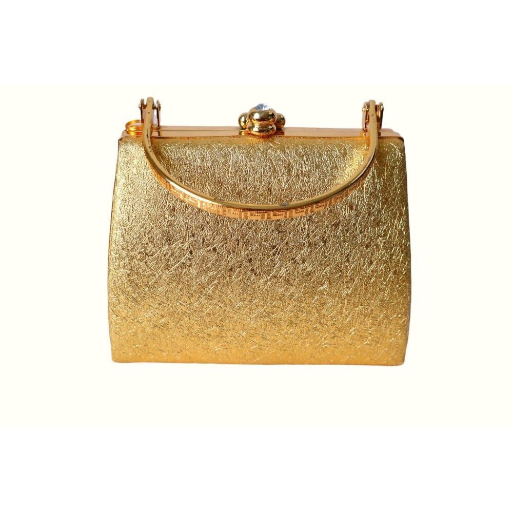 Vintage Gold Lame Pillbox Purse Rhinstone Clasp